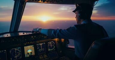 Pilot scans cockpit instruments amid skyline. photo