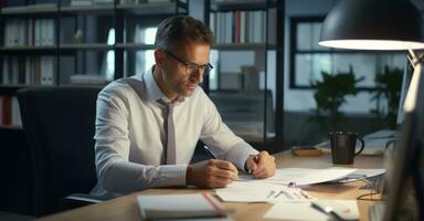 A dedicated employee is the last one in the office, working overtime at his desk photo