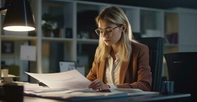 An office assistant organizing files on a computer in a well-lit office, with documents and stationery on her desk photo