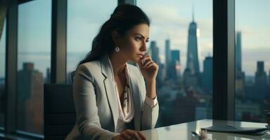 An executive in her corner office, city skyline behind, deliberates a critical business decision photo
