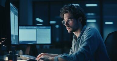 A software developer immersed in work late at night, multiple screens casting a glow on his focused face photo