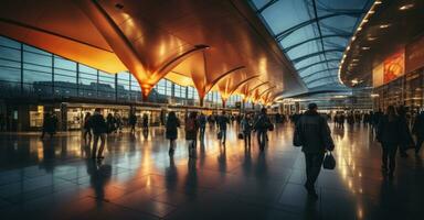 en esta dinámica escena, viajeros son capturado en un estado de prisa dentro un bullicioso aeropuerto Terminal, encapsulando el vibrante atmósfera de constante movimiento y emoción de viaje foto