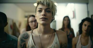 Transgender group sharing stories, intimate setting. photo