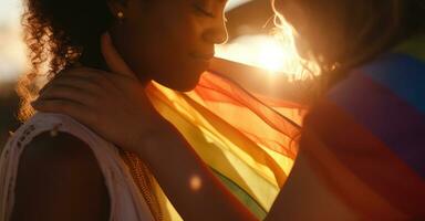 Lesbian couple at pride parade, flags fluttering. photo