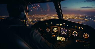 Pilot scans cockpit instruments amid skyline. photo