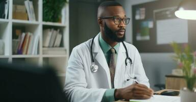 Doctor consults patient in modern clinic. photo