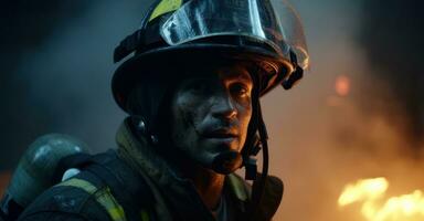 Firefighter combats flames amidst smoke. photo