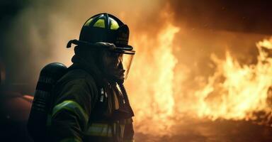 Firefighter combats flames amidst smoke. photo