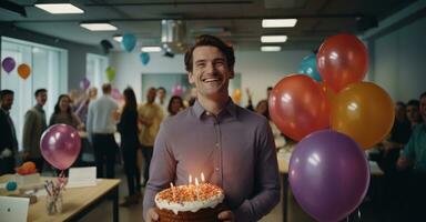 An office celebration of a colleague's birthday featuring cake, balloons, and joyful faces photo