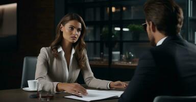 A tense negotiation scene between a client and sales rep in a modern office, under perfect studio lighting photo