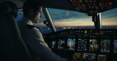 Pilot scans cockpit instruments amid skyline. photo