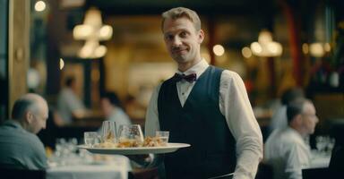 Waiter balances drinks in bustling restaurant. photo