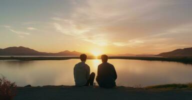 LGBTQ couple watching sunset, hopeful gaze. photo