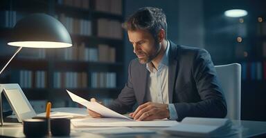 A dedicated employee is the last one in the office, working overtime at his desk photo