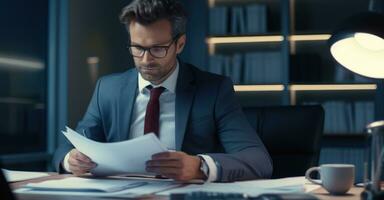 A dedicated employee is the last one in the office, working overtime at his desk photo