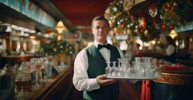 Waiter balances drinks in bustling restaurant. photo