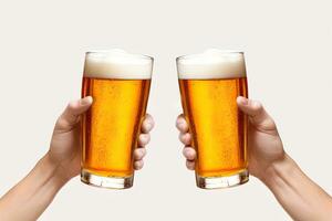 Hands toasting with glasses of beer isolated on white background. ai generated photo