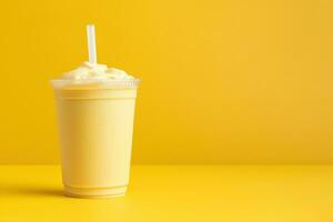 Mango smoothie milkshake in plastic takeaway cup isolated on yellow background with copy space. ai generated photo