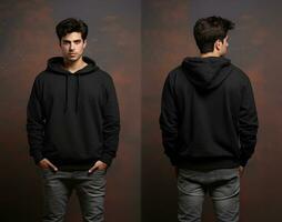 Front and back view of a black hoodie mockup for design print. ai generated photo