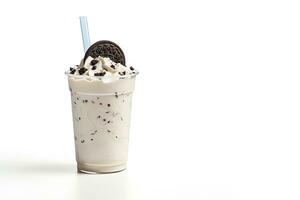 Cookies and cream milkshake in a takeaway cup isolated on white background with copy space. ai generated photo