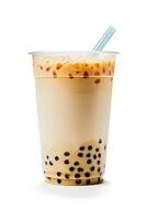 iced milk tea and bubble boba in the plastic glass on the white background. ai generated photo