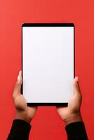 Hand holding tablet with mockup blank screen isolated on red background. ai generated photo