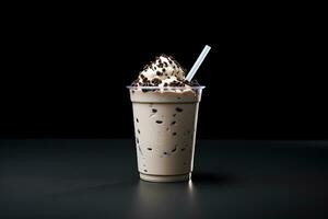 Cookies and cream milkshake in a takeaway cup isolated on dark background. ai generated photo