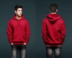 Front and back view of a red hoodie mockup for design print. ai generated photo