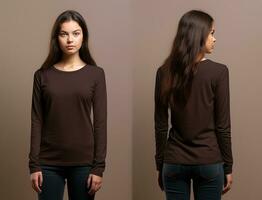 mujer vistiendo un marrón camiseta con largo mangas frente y espalda vista. ai generado foto