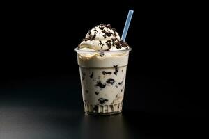 Cookies and cream milkshake in a takeaway cup isolated on dark background. ai generated photo