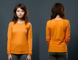 Woman wearing an orange T-shirt with long sleeves. Front and back view. ai generated photo