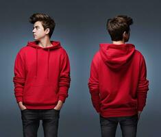 Front and back view of a red hoodie mockup for design print. ai generated photo