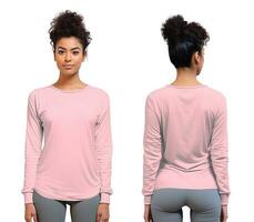 Woman wearing a pink T-shirt with long sleeves. Front and back view photo