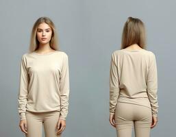 Woman wearing a beige T-shirt with long sleeves. Front and back view. ai generated photo