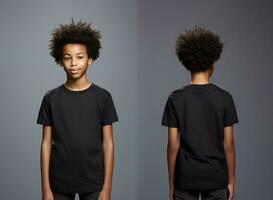 Front and back views of a little boy wearing a black T-shirt. ai generated photo