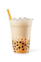 iced milk tea and bubble boba in the plastic glass on the white background. ai generated photo