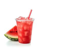 watermelon smoothie in take away cup with watermelon sliced isolated on white background with copy space. ai generated photo