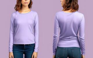 Woman wearing a purple T-shirt with long sleeves. Front and back view. ai generated photo