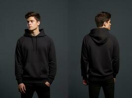 Front and back view of a black hoodie mockup for design print. ai generated photo