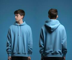 Front and back view of a blue hoodie mockup for design print. ai generated photo