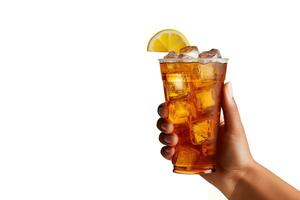 A hand holding takeaway plastic cup of delicious iced lemon tea isolated on white background with copy space. ai generated photo