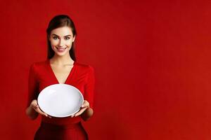 Young beautiful stylish woman holding an empty plate or dish isolated on red background with copy space. ai generated photo