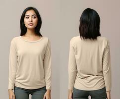 Woman wearing a beige T-shirt with long sleeves. Front and back view. ai generated photo