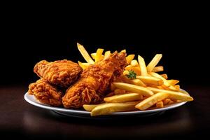 Fast food fried crispy chicken and french fries potatoes with ketchup sauce isolated on dark background. photo