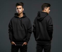 Front and back view of a black hoodie mockup for design print. ai generated photo