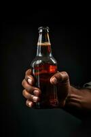 a male hand holding up a bottle of beer isolated on a black background. ai generated photo