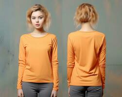 Woman wearing an orange T-shirt with long sleeves. Front and back view. ai generated photo