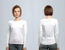 mujer vistiendo un blanco camiseta con largo mangas frente y espalda vista. ai generado foto