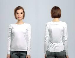 Woman wearing a white T-shirt with long sleeves. Front and back view. ai generated photo