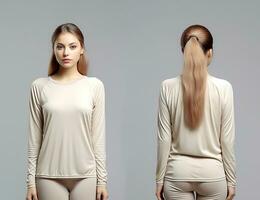 Woman wearing a beige T-shirt with long sleeves. Front and back view. ai generated photo